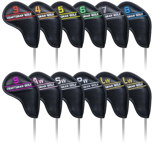 CRAFTSMAN GOLF Golfschlägerhauben aus Kunstleder, Magnetverschluss, 12 Stück, schwarz, mit bunten Nummern
