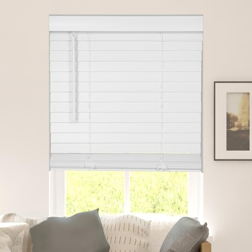 Calyx INTERIORS Faux Wood Blinds with Classic Valance, Cordless, 2 Slat, 30.5 W x 60 H, Blinds for Indoor Windows, Room Darkening Window Blinds for Home Interior Windows and Doors, Pure White