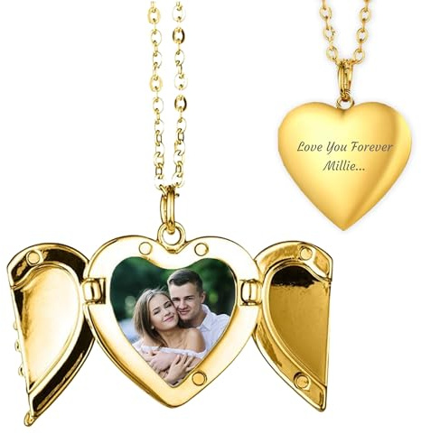 Print Maniacs Personalised Heart Locket Necklace with Engraved Text and Photo Mother Day Birthday for Mum Thoughtful Memorial Gifts, for Mum, Girlfriend, Women, and Girls Gold