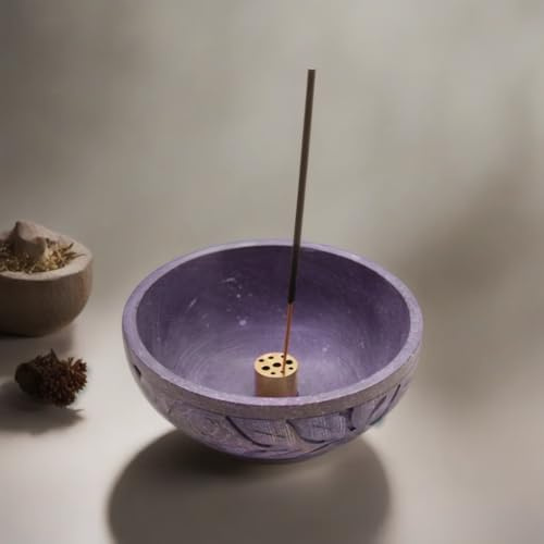 KC KULLICRAFT Natural Grey Marble Incense Holder Bowl – 5 Ash Catcher Burner for Meditation, Smudge, Palo Santo – 9-Hole Brass Insert Fits Most Incense Sticks.