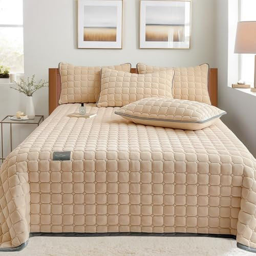 Extra Grande Edredón Cubrecama: Cubierta Ligera de Terciopelo de Leche 3 piezas 230 X 250 cm con 2 Fundas de Almohada 50 X 70 cm, Cama Doble Forrada y Acolchada para Sala de Estar (Camello Claro)