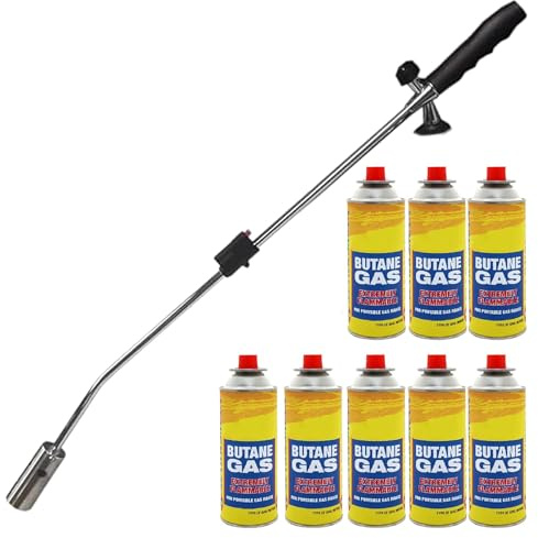 Dapetz ® Gasdriven ogräsbrännare blaster ficklampa med automatisk tändning ogräsbrännare gas ogräsdödare med justerbar flamkastare för växt mossa trädgård 80 cm + 8 butangasbehållare