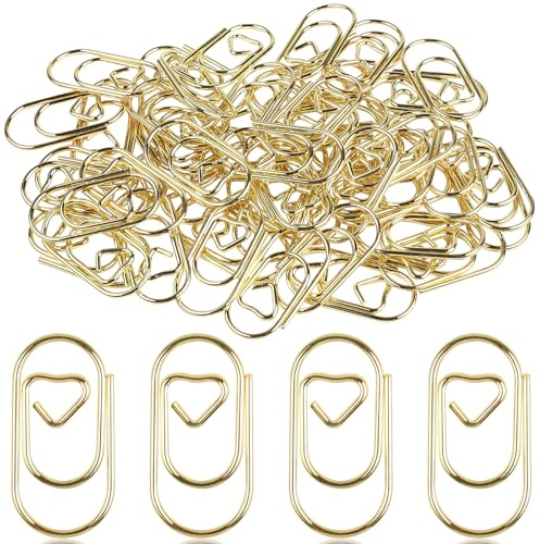 Caianwin 50Pcs Gold Paper Clips Heart Shaped Paperclips Small Paper Clips Metal for Decorating Postcards Offices Classrooms Document Organizing