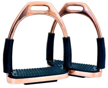EXTREME GLOSS ROSE GOLD BENDY SAFETY FLEXI STIRRUPS HORSE RIDING S/STEEL WITH STRONG TREADS 4.75 12cm NEW