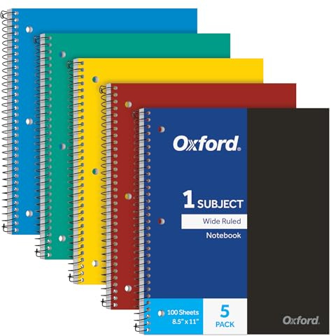 Oxford 1 Subject Spiral Notebook, Notebooks for School, Plastic Covers, Back to School Supplies, Wide Ruled, 100 Sheets, 5 Pack, Assorted Primary Colors: Black, Blue, Red, Green and Yellow (1009290)