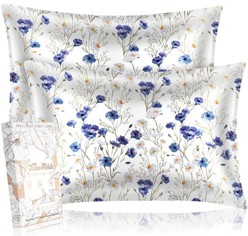 Miss Adola Silk Pillowcase 2 Pack - Standard 50x75cm Mulberry Silk Pillow Cases for Hair and Skin with Hidden Zipper Aesthetic Design Pattern Bed Pillow Protector for Women Girls, Blue Daisy