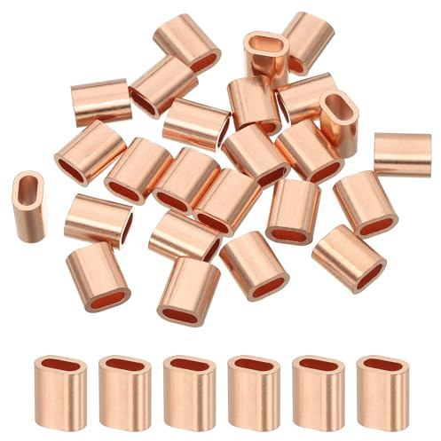 sourcing map 1/8(3mm) Wire Rope Stop Sleeve, Copper Crimping Loops Sleeve Oval Crimp Ferrules for Wire Rope and Cable Ferrule, Gold 25Pcs
