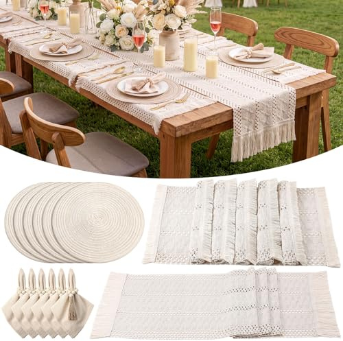 Gandeer 6 Sets Boho Place Mats Set Round Woven Placemats, Cloth Napkins, Wood Bead Napkin Rings, White Table Runner with Tassel and Farmhouse Rustic Placemats Cotton Burlap for Kitchen Table Decor