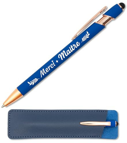 StarMaker Stylo gravé Merci Maître bleu cuivré avec étui cuir - Idée cadeau maitre d'école fin d'année - Stylo en métal tactile 2 en 1