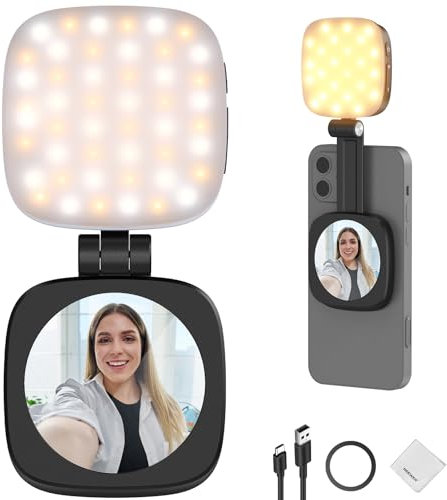 NEEWER BÁSICO Luz Magnética Selfies Compatible con iPhone MagSafe, Mini Soporte LED Teléfono Escritorio, Aro Luz con Espejo/Paño impieza para Zoom Maquillaje Grabación Videoconferencia, Negro NL48B