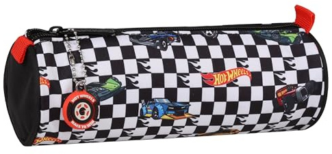sarcia.eu Hot Wheels Trousse à Crayons Scolaire Ronde, avec Fermeture éclair, pour garçon, en Voitures, Noire-Blanche 22x8x8cm (Hot Wheels Rond)