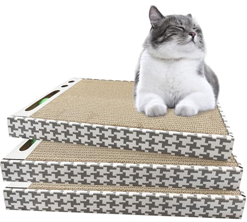 Cat Scratching Board, Cat Scratcher with Ball Toy 3 Pack, Dual-Use Cardboard Cat Scratching Post, Pet Furniture Protecting Cardboard 44 x 26 x 11 cm