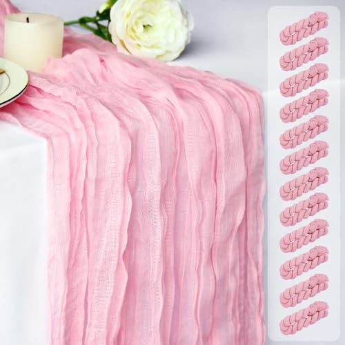 Dekafri Pink Cheesecloth Table Runner 12 Pack 120 Inch Light Pink Cheese Cloth Table Runner 10ft Long Gauze Table Runners for Wedding Decor Bridal Shower Baby Shower Party Table Decorations