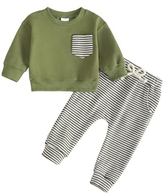 UUAISSO Completi per Neonati Completi con Felpe a Righe a Maniche Lunghe Top e Pantaloni a Nido d'ape Bambino Autunnali Verde 2-3 anni