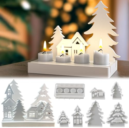 Portavelas Árbol Navidad Moldes, 7 PCS Moldes de silicona para Navidad, Moldes de silicona para casas navideñas, Moldes de Fundición de Navidad de Silicona, Moldes velas navidad, para DIY Velas, Jabón