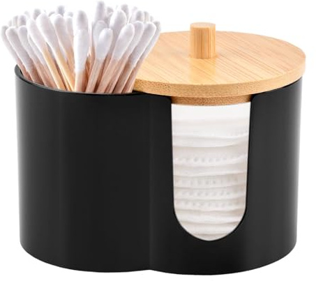 Axrivonte Qtip Holder Dispenser,Dual-Compartment Cotton Swab & Cotton Pad Organizer with Removable Dustproo-f Lid,Compact Countertop Storage Container(Black)