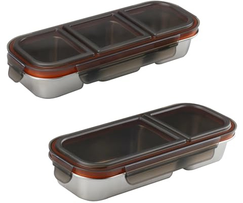 WakiHong 2 PCS Snackbox con Compartimentos Cajas de Almuerzo de Acero Inoxidable con 3 y 2 compartimentos Bento a Prueba de Fugas,para la Escuela,el Hogar,los Viajes-26.2×10.2×4cm