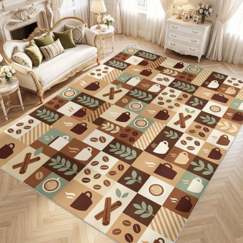 Läcker kaffeområde matta 60 x 120 cm brun vardagsrumsmattor för sovrum heminredning rutigt mönster växt kopp kryddmatta ultramjuk halkfri inomhus golvmatta