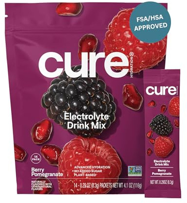 Cure Hydration | Plant-Based Electrolyte Drink Mix | No Added Sugar | FSA-HSA | Dehydration Relief Powder Made with Coconut Water | Non-GMO | Vegan | Pouch of 14 Packets - Berry Pomegranate