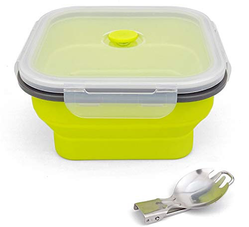 Ewrap 1200 ml große faltbare Schüssel, tragbare Silikon-Campingschüssel, mit faltbarem 2-in-1-Gabellöffel, spart 1/2 Platz, Verwendung in Mikrowelle und Gefrierschrank, grün