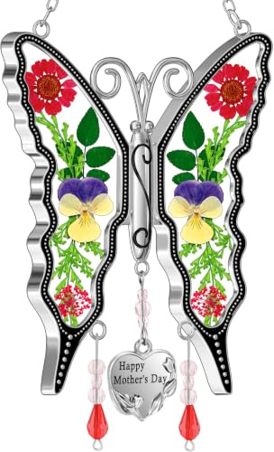 KY&BOSAM Gifts for Women Happy Mother`s Day Butterfly Suncatcher Stained Glass Suncatcher for Window Hanging Home Decor Wind Chime with Pressed Real Flower Garden Decor Gifts for Mom Mothers Day