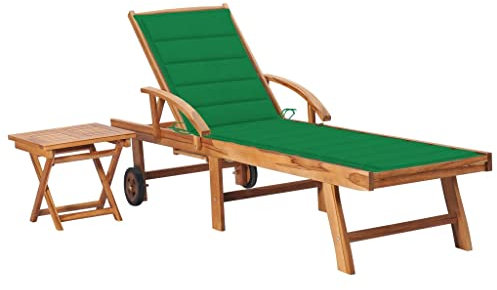 vidaXL Bois de Teck Solide Chaise Longue avec Table et Coussin Transat de Patio Bain de Soleil de Jardin Chaise Longue de Terrasse Plage Extérieur