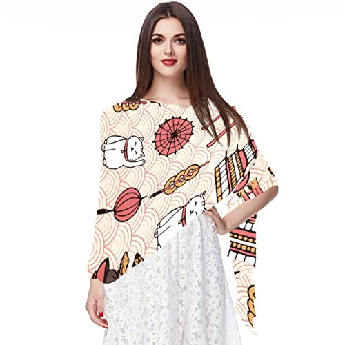 Traditional Japanese Lucky Cat Temple Umbrella Elements Chiffon Scarf Headscarf Satin Ribbon Scarf Neck Scarf for Women Girls Ladies