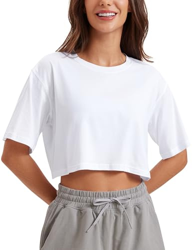 CRZ YOGA Cotone Pima Maglia Corta Collo Alto | Allenamento, Naturalmente Morbido, Vestibilità Larga, Girocollo, Tops Maniche Corte, per Donna