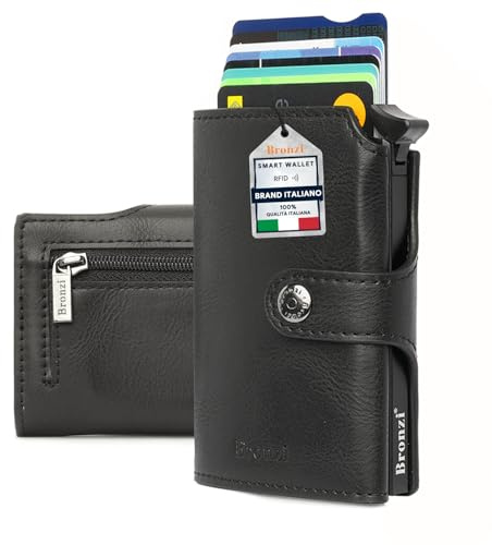 Bronzi® Portafoglio Uomo Slim Piccolo | Portacarte Uomo Donna Portatessere Porta Carte Di Credito | Portafogli Mini Protezione RFID con Portamonete | Box Regalo - Brand Italiano