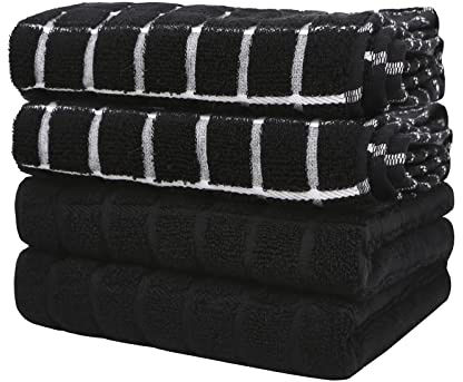 samsto Kitchen Towels Cotton Black - Tea Towels Absorbent - Thick Dish Hand Towels for Kitchen with Hanging Loops, 45x65cm, 4 Pack