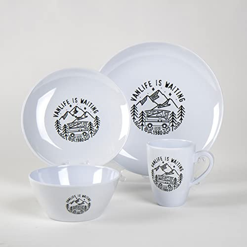 Camp4 Geschirr-Set Van Life Melamin, 16-teiliges Campinggeschirr für Outdoor Freizeit