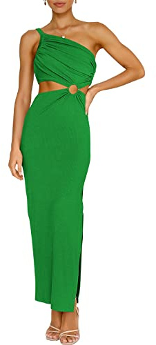 ANRABESS Women Summer One Shoulder Sleeveless Maxi Dress Cutout Sexy Bodycon Semi Formal Dinner Date Vacation Dresses Grass Small