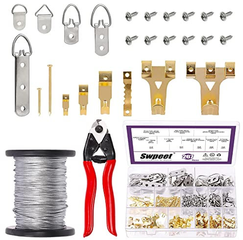 Swpeet 192 pezzi 10Ibs-75Ibs foto gancio e cavo tagliafili con immagine appesa filo assortimento kit kit di cornici resistenti da appendere con gancio per immagine, gancio, anello D, chiodi per uso