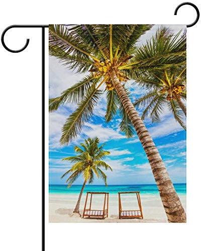 Drapeau de jardin - Palmier tropical à la plage de l'océan - Drapeau saisonnier de couleur vive - Décoration amusante pour l'extérieur et l'intérieur - 32 x 48 cm