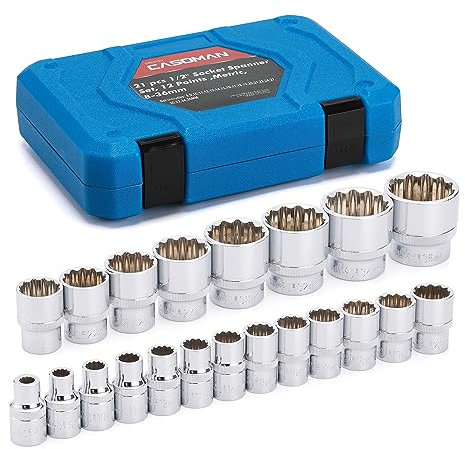 CASOMAN 21PCS 1/2-Inch Drive Spline Socket Set, 8-36mm, CR-V Steel, Multi-Tooth Socket Set, 12-Point Desgin, Metric