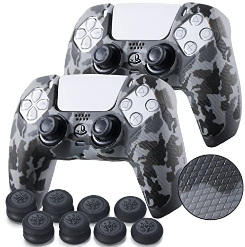 YoRHa Grip Texture Silicone Skin for PS5 Dualsense Controller x 2(Grey Camouflage) with Pro Thumb Grips x 8