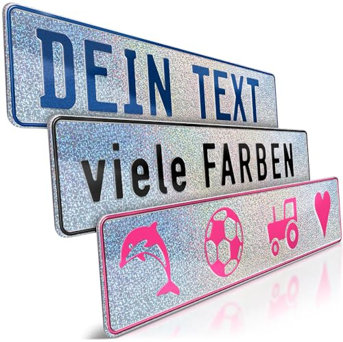 schildEVO 1 Fun-Schild geprägt | Silber Holo Glitzer mit Wunschtext bis zu 16 Zeichen | Aluminium Namensschild | Individuelles Fun-Kennzeichen | Bohrlöcher & Saugnäpfe