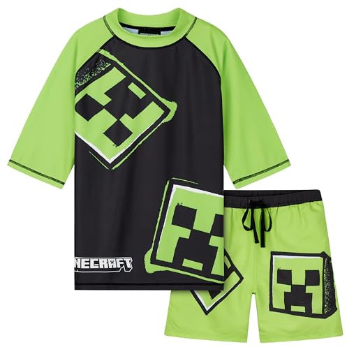 Minecraft Badeanzug Jungen, Zweiteiliger Schwimmanzug - Schwimmshirt & Badeshorts (11-12 Jahre, Hellgrün/Schwarz)