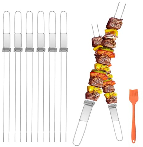 Lightique Kabob-spett 43 cm (17 tum) ultralånga metallspett för kablar med tryckstångspett för grillning dubbel gaffel anti-rulle kebabspett rostfritt stål platta grillspett för kött, grönsaker, 6 st