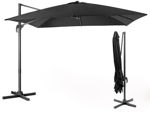 COSTWAY Ombrellone da Giardino, 300 x 300 cm, Ombrellone da Esterno con 3 Inclinazioni, Rotazione a 360°, Manovella, 8 Stecche, Base Incrociata (Nero, 300 x 300 x 273 cm)