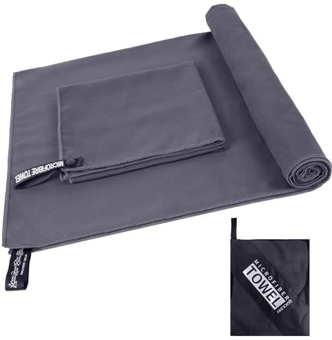 NANSIKE Sporthandtuch Fitnessstudio Mikrofaser Handtuch 2er Set | 180x60cm Groß Badetuch + 80x40cm Klein Hand Gesichtshandtuch | Schnelltrocknend Mikrofaser Handtücher,Reisehandtuch (weiß-grau)