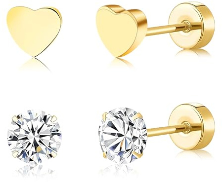 FACOKO 2Pairs 5mm Gold Heart Zirconium Titanium Earrings - Hypoallergenic Flat Back Studs Unisex Minimalist Style Valentine's Day Gift