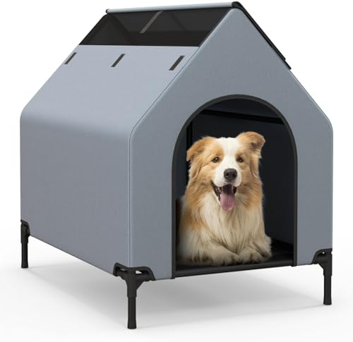 COSTWAY 2 in 1 Hundehütte & erhöhtes Hundebett, Hundeliege Outdoor, Haustierhaus mit atmungsaktivem Netzgewebe & Abnehmbarer Abdeckung, Hundehaus für kleine Hunde, Oxford, Grau (64 x 91 x 86 cm)