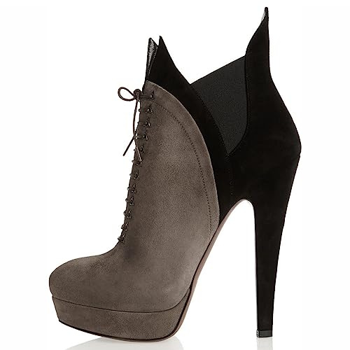HIKKWXVN Bottines à Lacets et Talons Hauts à Bout fermé pour Femmes, Bottines à Talons Aiguilles de Grande Taille pour Mariage, Bal de Fin d'année, fête d'automne,Gris,39 EU