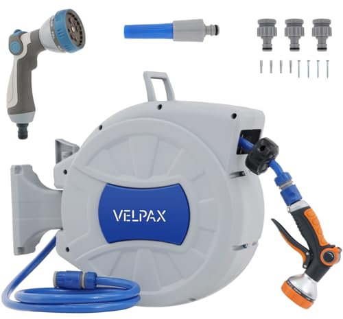 VELPAX 20m+5m Wand-Schlauchbox,8 Arten der Bewässerung,flexible Bewässerung für mittelgroße Gärten,mit Wandhalterung,Systemteilen und 2 Spritze inkl Weiß