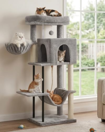 Gitelsnour Rascador para Gatos 110cm, Estructura Metálica, Hamaca, GCT004SW | Árbol Rascador para gatos robusto de interior con plataforma, grandes cesta, cueva, juguetes ideal para gatitos,gris claro