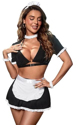 GIVTULIP Disfraz Sirvienta Encaje Transparente Sexy Mujer Lenceria 9 Piezas Disfraz Maid Mujer Delantal Travieso Sirvienta Francesa Sujetador Y Vestido Conjunto Encaje Suave Babydoll Ropa de Dormir