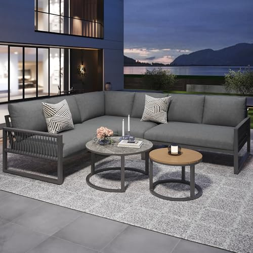 Soweiz Set di mobili da giardino per 6-7 persone, divano ad angolo con struttura in ferro zincato, gambe regolabili, include tutti i cuscini per seduta e schiena, grande divano: 123 x 68 x 86 cm