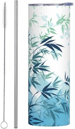 POEZJZW Straight Bamboo Isolierbecher aus Edelstahl, 590 ml, Kaffeetasse mit Deckel und Strohhalm, doppelwandiger Vakuum-Reisebecher, auslaufsicherer Becher