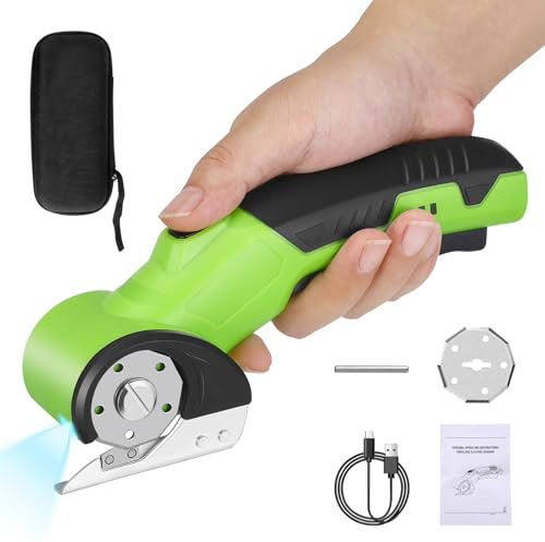 Rotary Cutter Electric Box Cardboard Cutter with Storage Case, Rechargeable Cordless Electric Scissors Fabric Scissor with Safety Lock & LED Light, for Cutting Carpet Leather Carpet Plastic, Green
